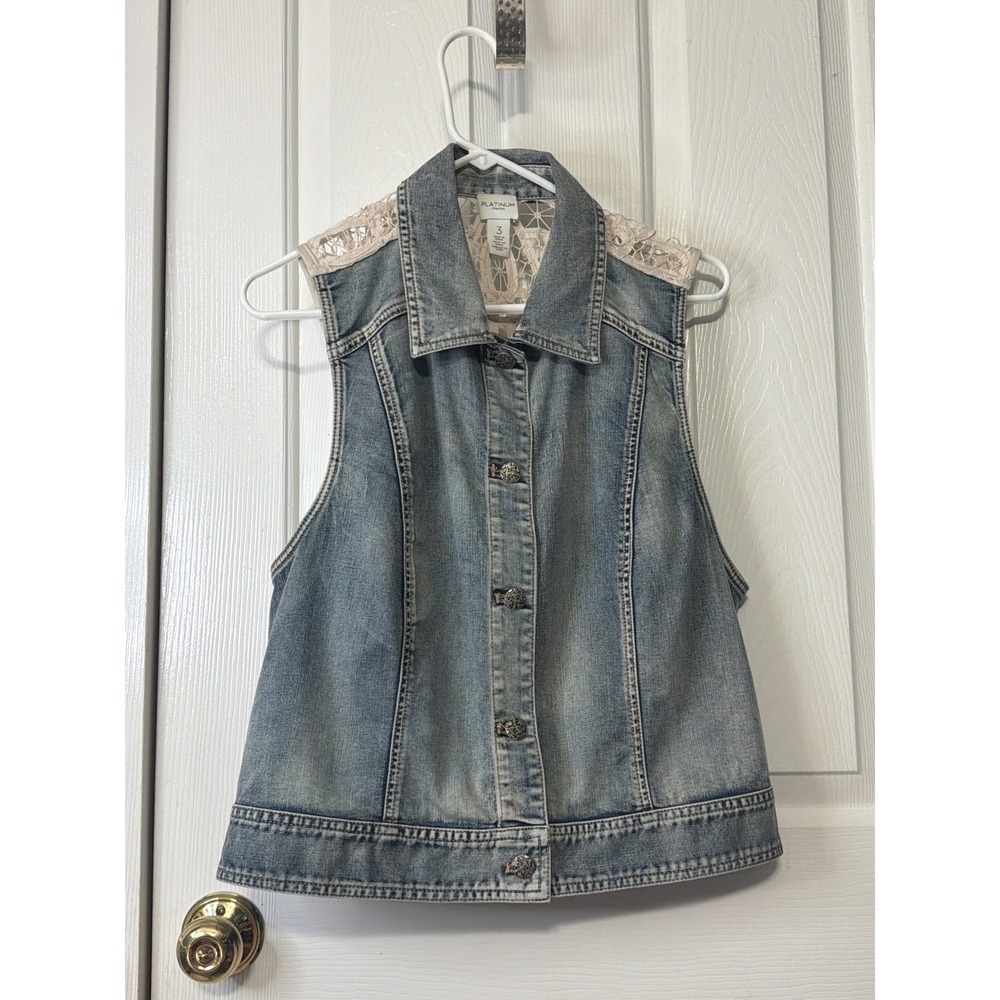 Chicos Platinum Denim Vest Size 3 Large Crochet Lace Back Boho Sleeveless